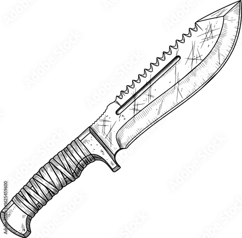Large survival machete-style knife with sawback spine and reinforced hilt, highly detailed, with hand-drawn style