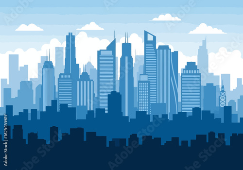 Flat illustration of modern cityscape skyline with tall glass skyscrapers under a blue sky with clouds, representing urban development and business