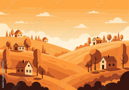 Flat illustration of idyllic countryside village scene with rolling hills, scattered houses, and trees in warm autumn colors under a cloudy sky