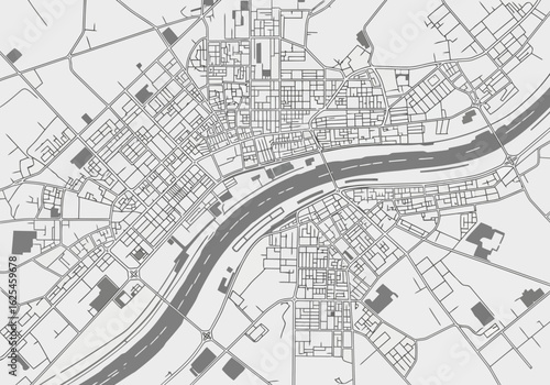 Flat illustration of detailed city map illustration showing streets, buildings, and a river flowing through the urban landscape, presented in a clean, graphic style