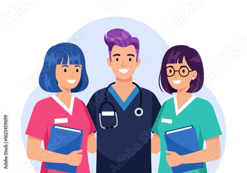 Flat illustration of three medical professionals, a doctor and two nurses, smiling and holding books, representing healthcare team and medical staff in a hospital or clinic