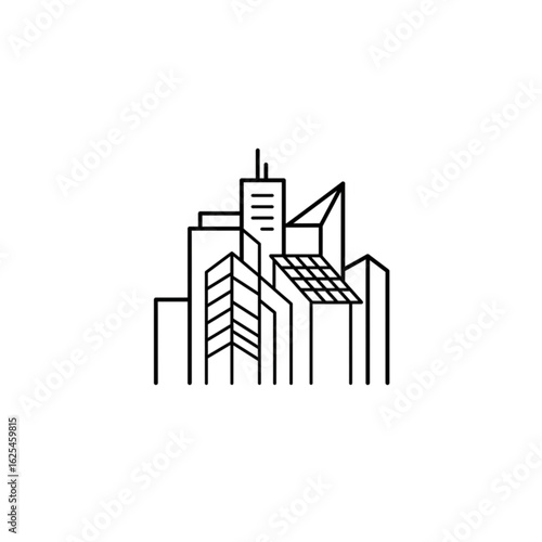 Energy Saving Icon - Line art of modern city skyline with solar panels  