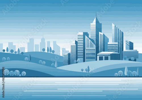 Flat illustration of a modern cityscape with tall buildings and a blue sky, set against a rolling landscape with water in the foreground, representing urban development