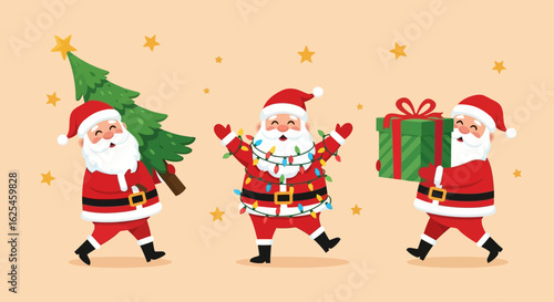 Flat illustration of three cheerful santas celebrating christmas, one carrying a tree, another decorated with lights, and the third holding a gift, spreading holiday cheer