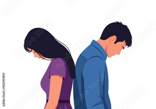 Flat illustration of a couple, a man and a woman, standing back to back with heads down, symbolizing relationship problems or a breakup