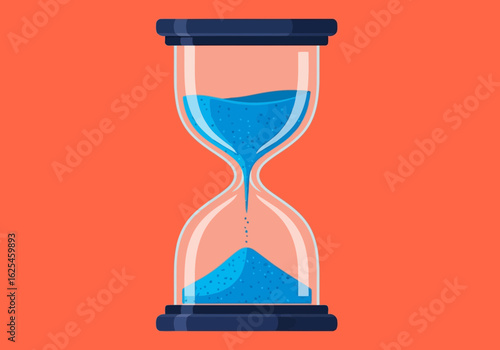 Flat illustration of closeup of a blue sand hourglass timer on an orange background, symbolizing the passage of time and deadlines