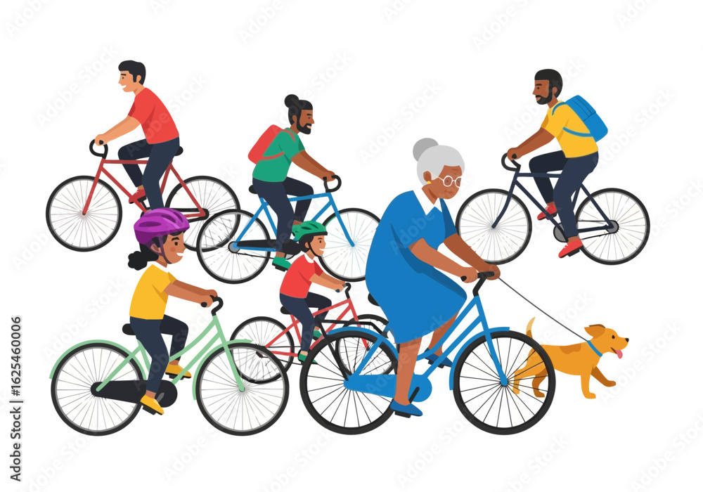 Obraz premium Flat illustration of diverse group of people of all ages, including children, adults, and seniors, cycling together with a dog on a sunny day, healthy lifestyle activity