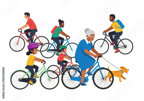 Flat illustration of diverse group of people of all ages, including children, adults, and seniors, cycling together with a dog on a sunny day, healthy lifestyle activity