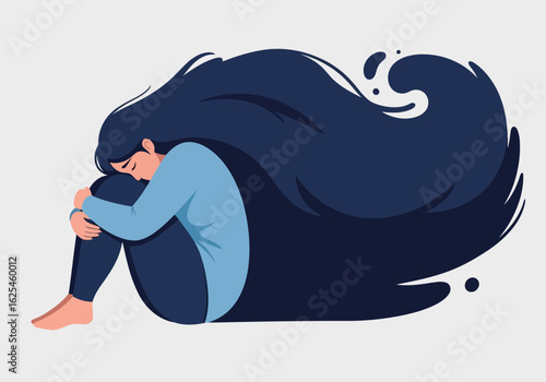 Flat illustration of a woman curled up in a fetal position, overwhelmed by her long dark hair, symbolizing sadness, depression, and emotional struggle