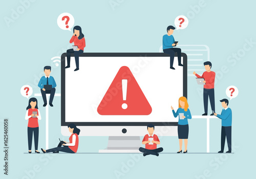 Flat illustration of people confused around a computer screen displaying a warning sign with exclamation mark, representing error and problem solving