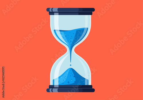 Flat illustration of hourglass with blue sand flowing against an orange background, symbolizing time passing and measurement