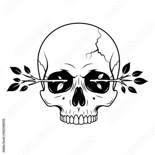 Flat illustration of artistic illustration of a human skull with branches growing through the eye sockets, symbolizing life and death
