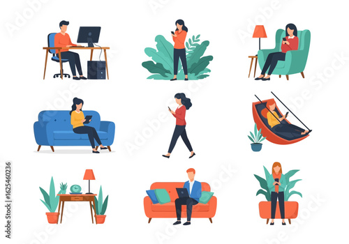Flat illustration of collection of people using technology and relaxing in various home settings, including working on laptops and using smartphones, isolated on white background