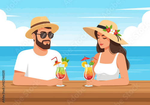 Flat illustration of a man and woman in hats enjoying cocktails on the beach during a summer vacation, with the ocean in the background