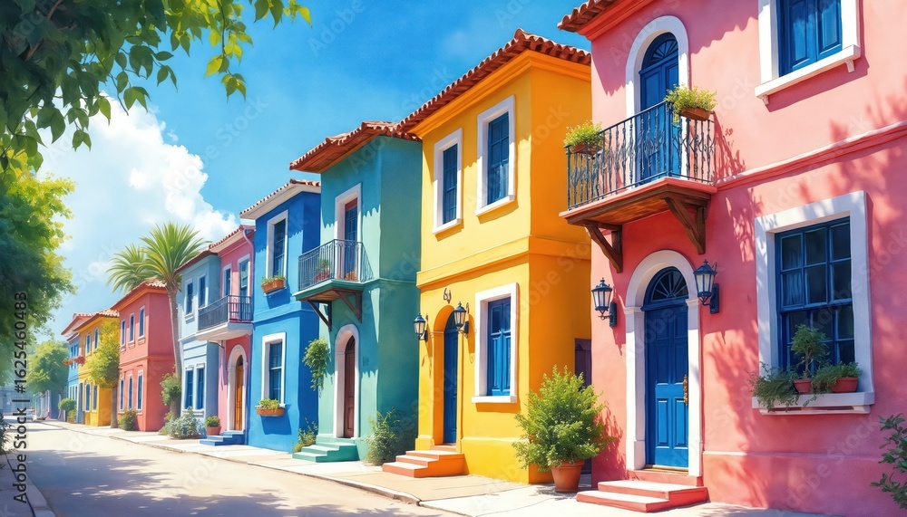 Fototapeta premium Row of colorful Caribbean houses on sunny day. Vibrant watercolor illustration shows painted facades with balconies, windows, doors in urban town setting. Tropical vacation destination, picturesque