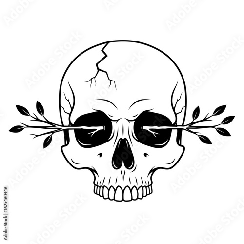 Flat illustration of a stylized black and white illustration of a human skull with branches piercing through the eye sockets, representing mortality and nature