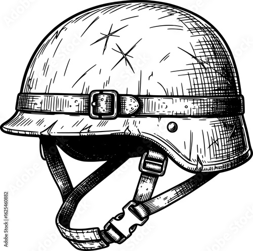 Military helmet with scratches and straps, black and white, with hand-drawn style