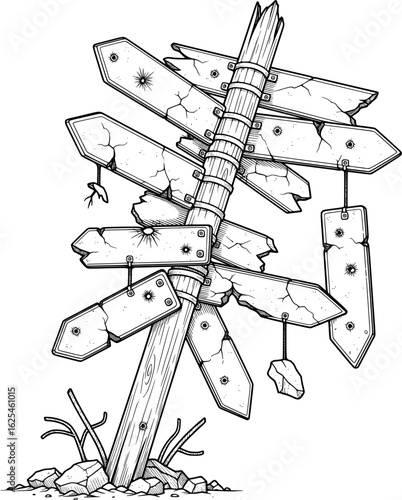 War zone signpost with multiple arrowed signs, damaged and cracked, black and white, with hand-drawn style