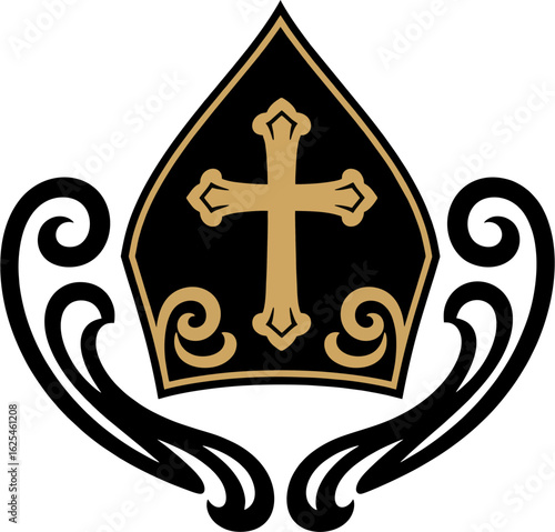 Two-Color Vector Illustration of Papal Mitre with Cross – Minimalist Clergy Hat Clipart for Religious Design