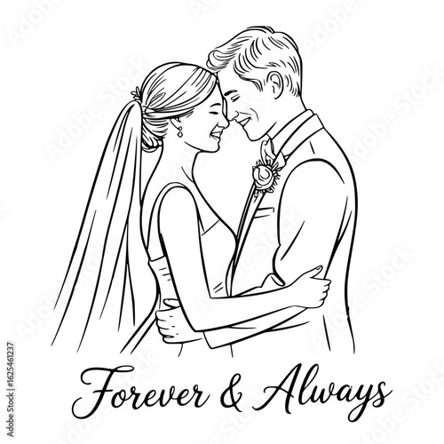 Forever & Always: A tender line art illustration of a newly wedded couple sharing an intimate moment. The artwork captures the essence of love and commitment.