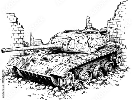 Destroyed tank hull abandoned in ruins, black and white, with hand-drawn style