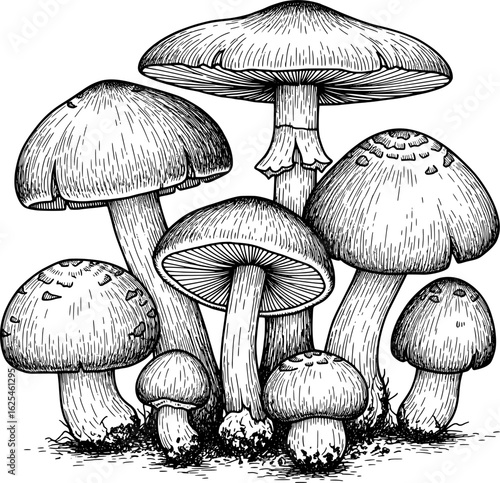 Group of wild mushrooms with textured caps and gills, highly detailed, with hand-drawn style