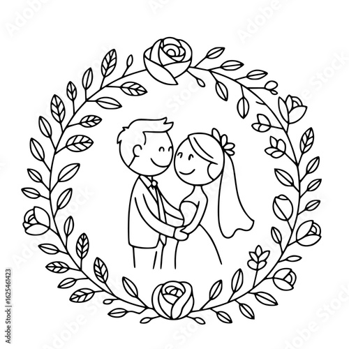 Romantic Wedding Embrace: A hand-drawn, cartoon illustration of a radiant bride and groom, nestled within a delicate wreath of leaves and flowers, celebrating their love and new beginning.