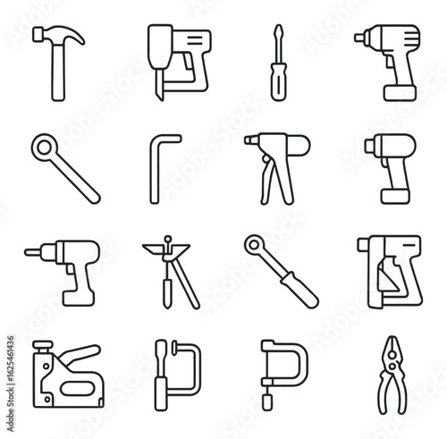 Tools linear icon set. featuring hammer, drill, screwdriver, wrench, saw, stapler, clamp, pliers