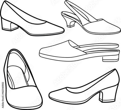 Elegant women’s shoes vector illustration, slingback, low heel, classic styles, fashion footwear design, stylish collection, black and white sketch drawing