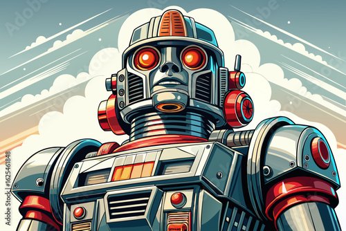 Vintage retro robot toy with colorful tin body, mechanical arms, and wind-up key. Classic collectible design, evoking nostalgic sci-fi themes and childhood memories