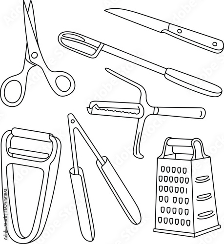 Essential kitchen tools vector illustration, knife, scissors, peeler, grater, spoon, cooking utensils, food prep gear, black and white sketch drawing