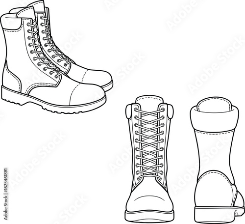 Combat boots vector illustration, front side back views, military footwear sketch, lace-up design, rugged leather gear, durable fashion boot drawing