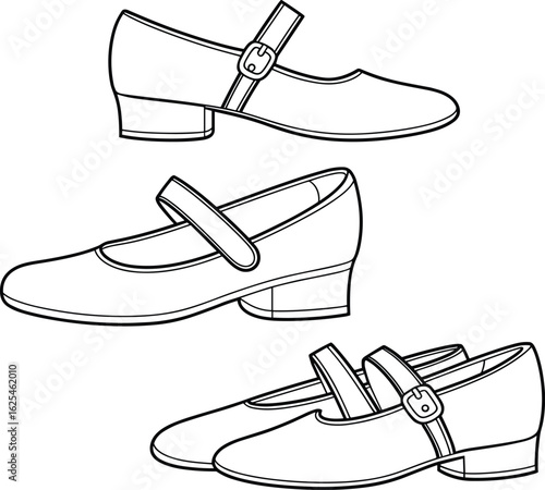 Mary Jane shoes vector, stylish buckle strap footwear, elegant fashion illustration, heeled shoe sketch, black and white outline drawing, design art