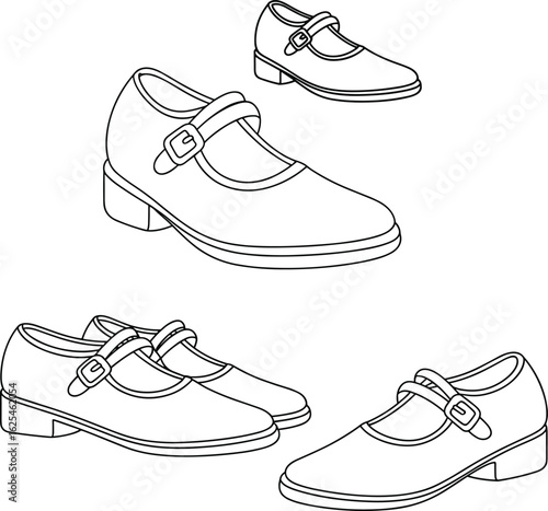Detailed Mary Jane shoe illustration, classic buckle footwear, fashion design sketch, black and white vector, coloring book, high-quality line art