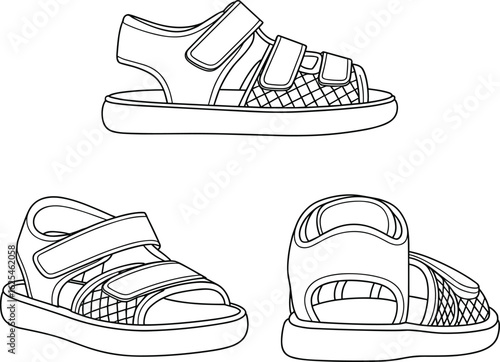 Kids summer sandals vector, Velcro strap footwear, breathable design, durable and stylish, black and white sketch, comfortable outdoor shoes illustration