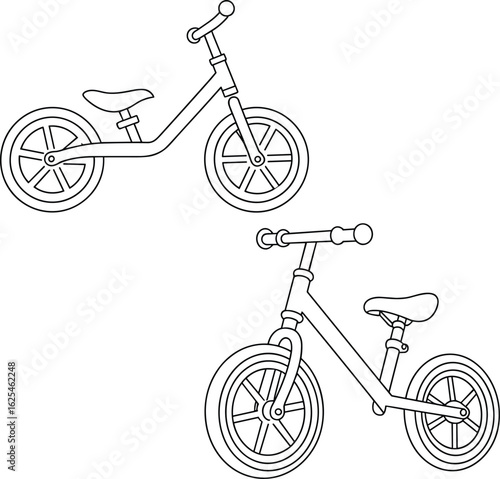 Children’s balance bike illustration, black and white line art, minimalist kids bicycle, toy bike drawing, simple design, vector sketch, transportation concept