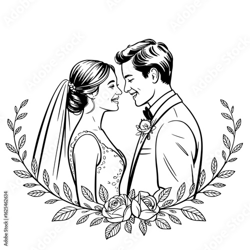Everlasting Bond: An intimate illustration of a wedding couple, their eyes locked in a gaze of deep affection, surrounded by a floral wreath, epitomizing the joy of eternal union.