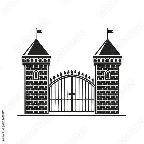 Silhouette of a medieval castle fortress entrance with two brick towers and a large spiked gate