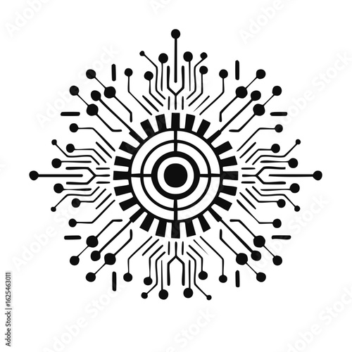 Abstract circular circuit board icon with a central core and radiating connections symbol of technology and AI