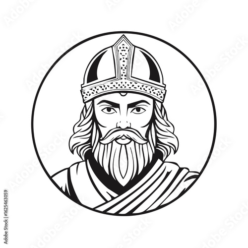 Regal ancient king with a beard and ornate helmet line art icon
