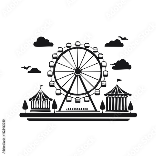 Amusement park with ferris wheel and tents under clouds and flying birds in silhouette