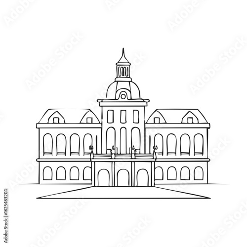 Architectural drawing of a grand classical building with a central dome and arched facade