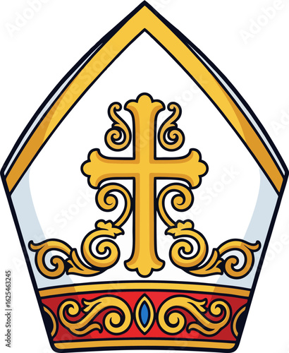 Elegant Papal Mitre Vector with Ornate Gold Cross and Red Embellishments – Catholic Bishop Hat Illustration