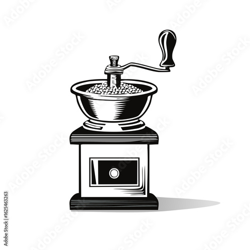 Vintage coffee grinder with handle and bowl filled with beans depicted in a black and white illustration