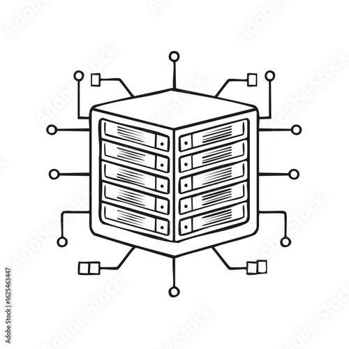 Doodle of a server rack with network connections and circuit elements