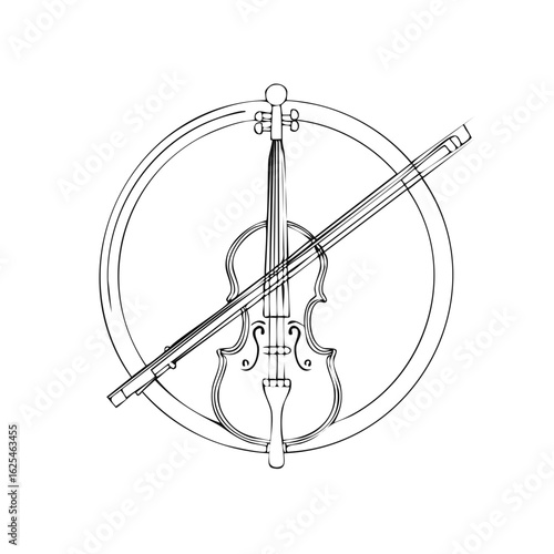 Elegant violin and bow within a circle, thin line drawing for classical music themes, stringed instrument, detailed sketch, isolated musical illustration
