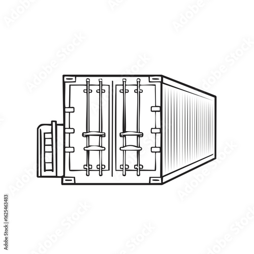 Sketch drawing of a refrigerated shipping container with cooling unit in perspective view