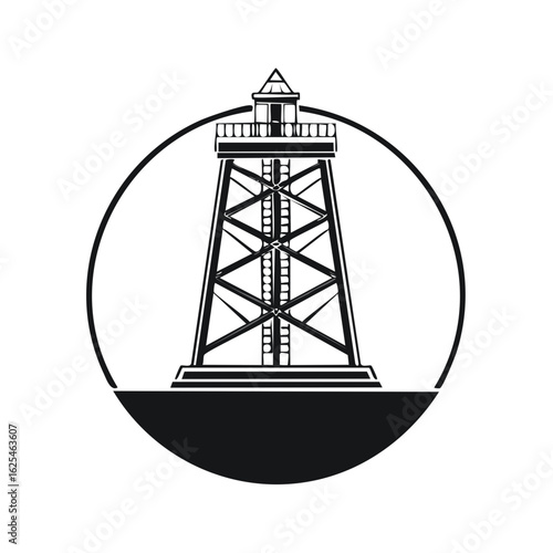 Black and white stylized illustration of a tall observation tower or lighthouse within a circular frame.