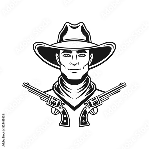 Confident Cowboy with Crossed Revolvers Emblem Style Western Icon
