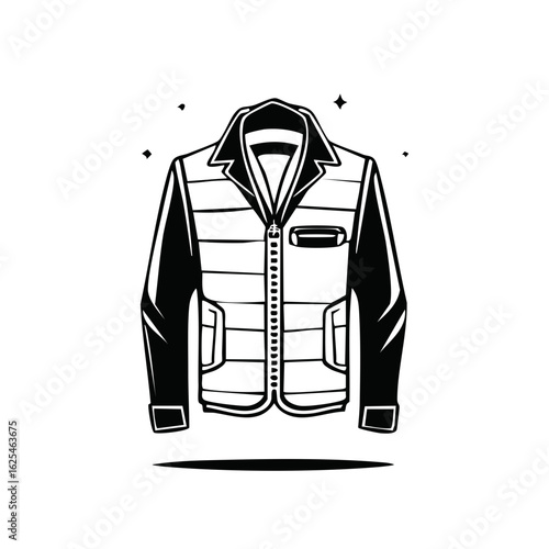 Stylish black and white graphic illustration of a puffer jacket with zipper and pockets
